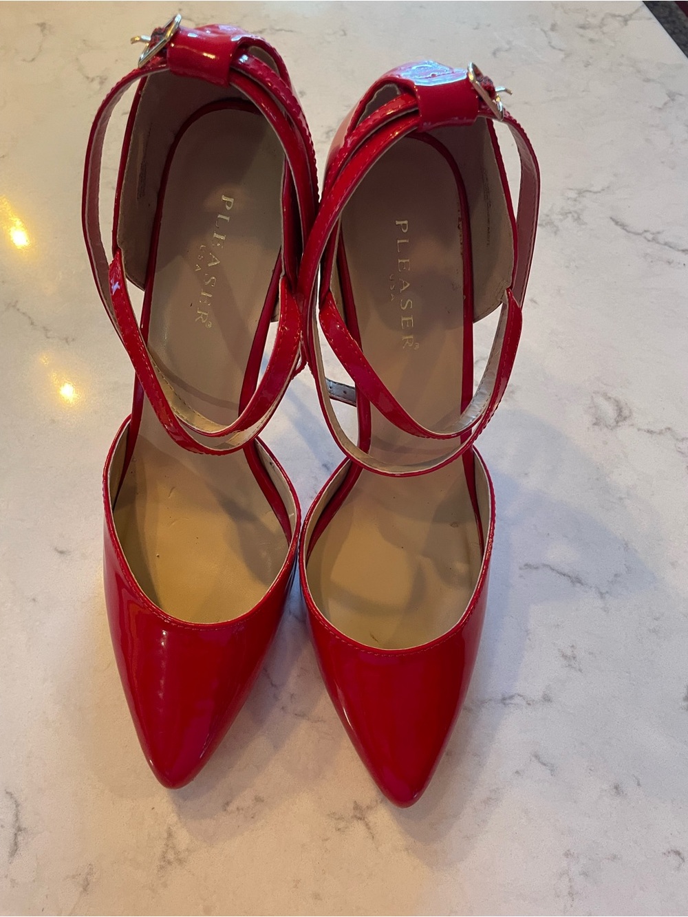 Pleaser Red Patent Pointed-Toe Strappy Pumps. 5 in heels.